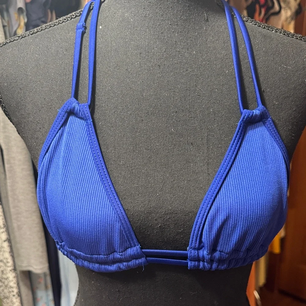 Blue Ribbed T-back Bikini Top - Picture 1 of 2